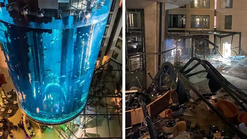 Felrobbant egy 16 méteres akvárium, egymillió liter víz árasztotta el az épületet